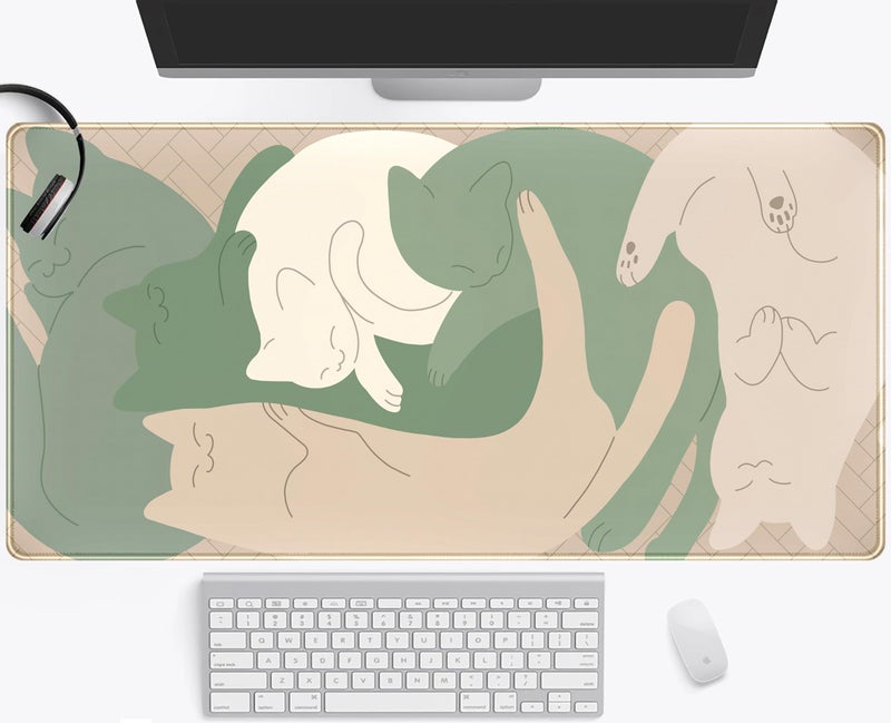 Mechanical Cattle Cute Sleeping Cats Desk Mat Matcha Green Desk Pad  Minimalist Boho Mouse Pad XXL  Cream Tan Gaming Deskmat  Large Kawaii Keyboard Mat  Fun Office Decor Desk Accessories for Women 31.5""x15.75"" - Image 1